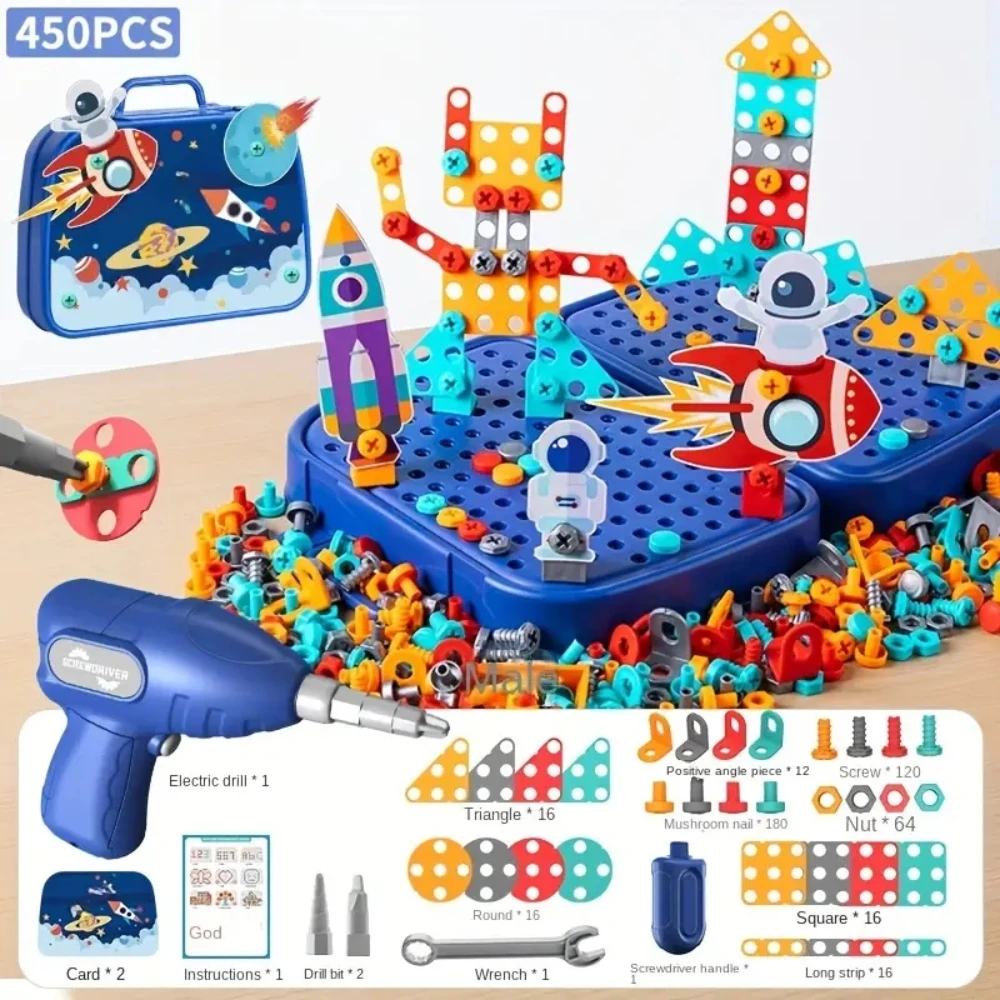 450개의 어린이 STEM 드릴 세트 크리에이티브 모자이크 퍼즐 빌딩 블록 교육 공학 키트, 소켓드라이버와 함께 남녀 아동을 위한