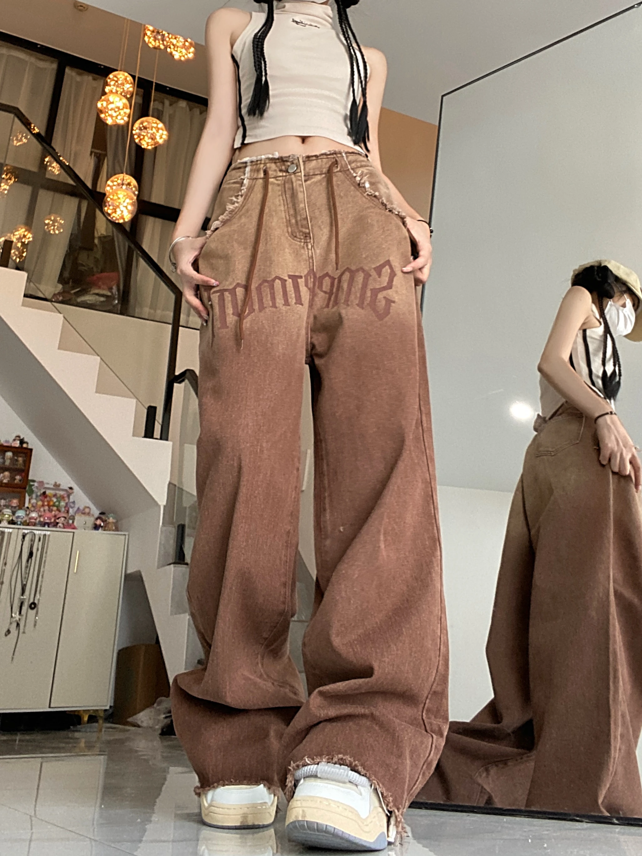 

Autumn Winter Women Fashion Designer Gradient Coffee Vintage Loose Denim Wide Leg Pants New High Waist Distressed Jeans