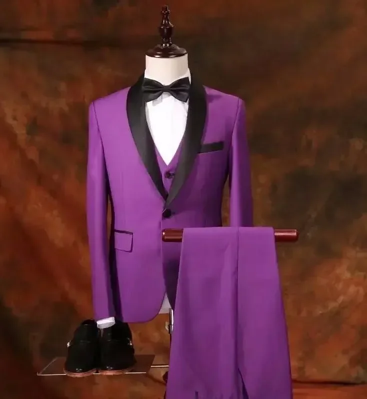 

High Quality Purple Satin Shawl Lape Suit Prom Colorful Party Suits for Men Custom Slim Fit 3 Piece Groom Tuxedo Costume Homme