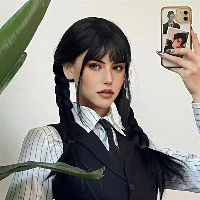 Simulation Bangs Wig Black Double Braids Oily Hair Style Twist Braid Wig High Temperature Silk Synthetic Fiber Head Role Play