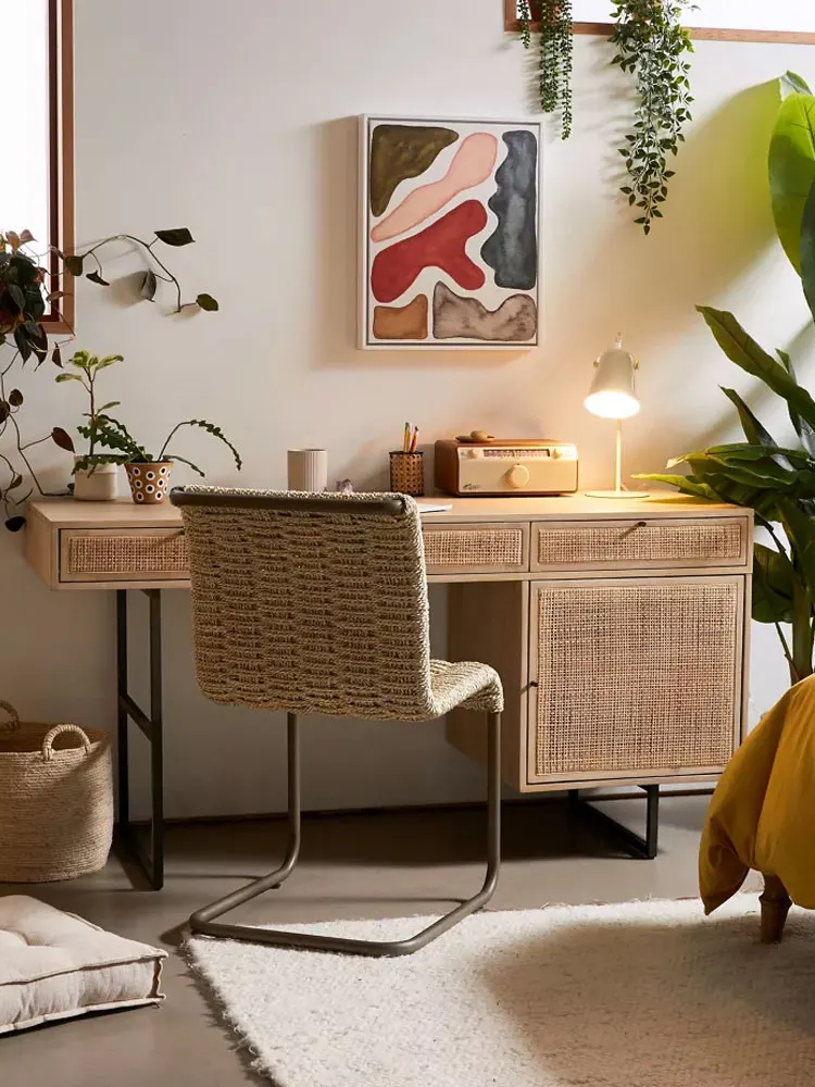 

Nordic solid wood desk vintage rattan desk computer desk small household quiet wind desk dresser
