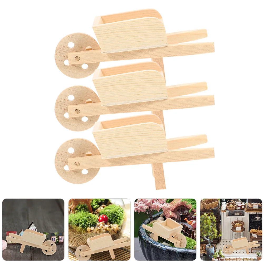 

3 pcs Dolls House Miniature Barrows Mini Wooden Wheelbarrows Models Mini Wood Cart Barrows