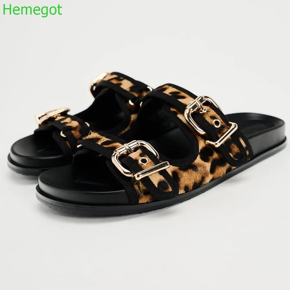 Black Leopard Print Casual Slippers Summer Fashion Thick-Soled Sandals Metal Belt Buckle Versatile Ladies Outside Beach Slides