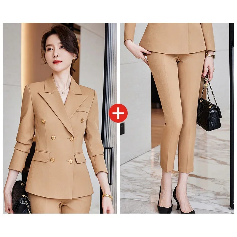 (Suit jacket+pants) Korean high-end women's suit set, large size suit, double breasted suit, office  suit