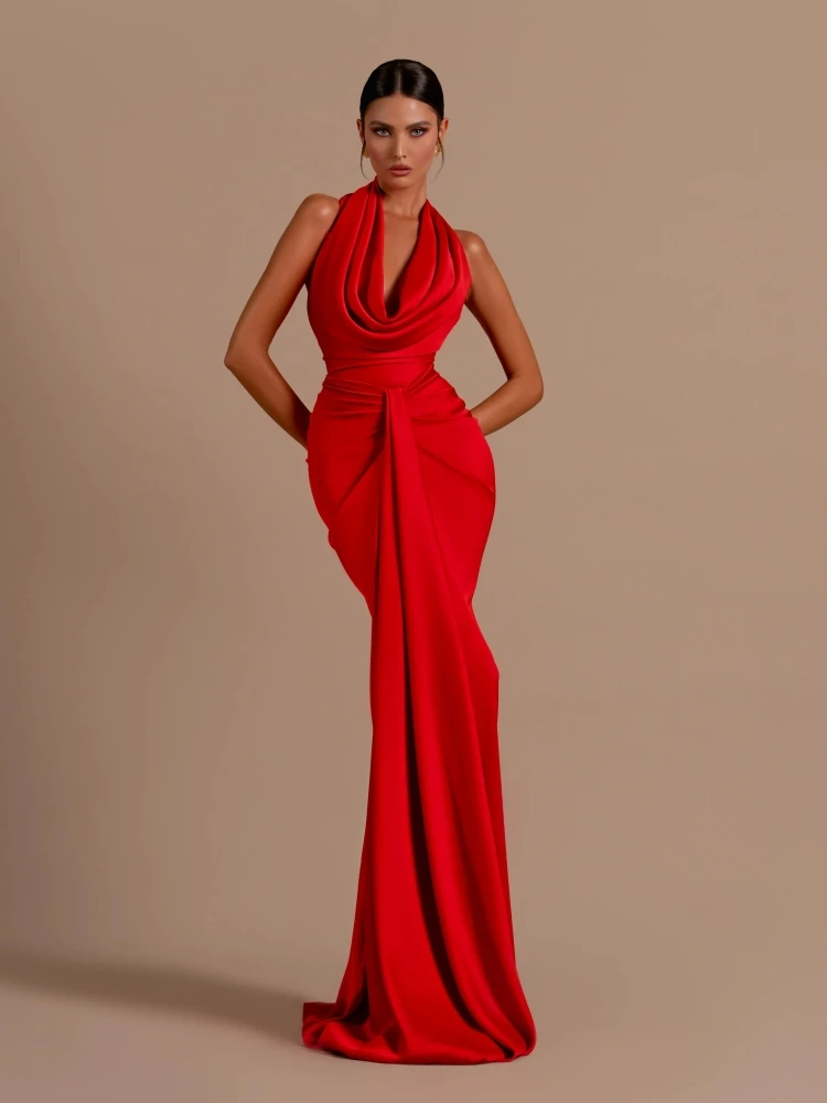 

Sexy Red Stain Sleeveless Swinging Collar Backless Pleated Long Dress Women Draped Design Maxi Dress Celebrity Party Club Runway