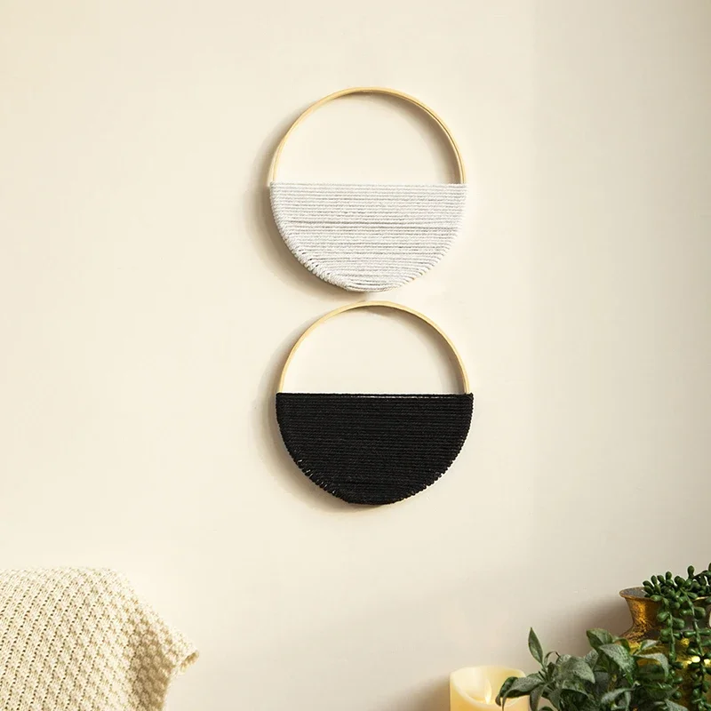 2Pcs Hand Woven Bohemian Wall Hanging Circular Wooden Cotton Rope Wall Decor Art Chic Bedroom Living Room Ideal Tapestries