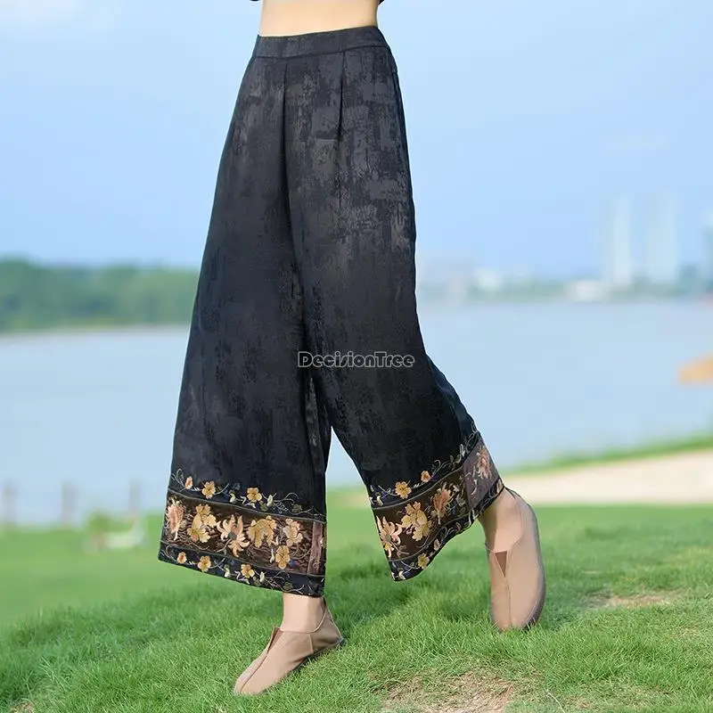 

2023 new women's chinese national style embroidery elastic waist wide leg trousers casual fashion style daily loose pants s851