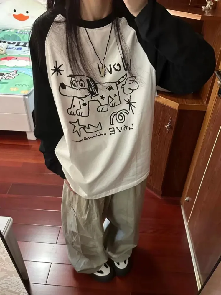 

ADAgirl Graffiti Dog Graphic T-shirts Women Cartoon Animal Patchwork Raglan Sleeve Tops Casual O-neck Kawaii Aesthetic Clothes