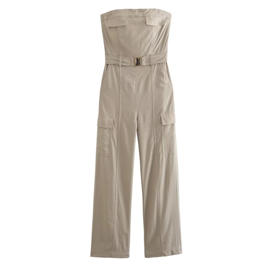 

Dave&Di French Fashion Blogger Retro Cargo Women Linen Jumpsuit Country Style Tube Top Sexy Jumpsuit Female