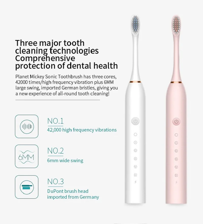 X-3 Sonic Electric Toothbrush for Adults and Kids With Soft Duponts Bursh Heads USB Rechargeable 6 Cleaning Modes Waterproof