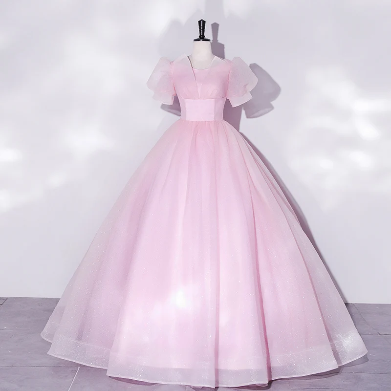 

Pink Sequins Evening Dress O-Neck Short Sleeves Floor Length Lace Up Ruched A-Line Elegant Plus Size Women party Dresses B2543