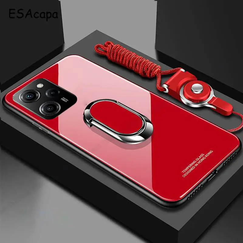 Magnetic Ring Holder Stand Shockproof Protective Phone Case with Tempered Glass Back Cover