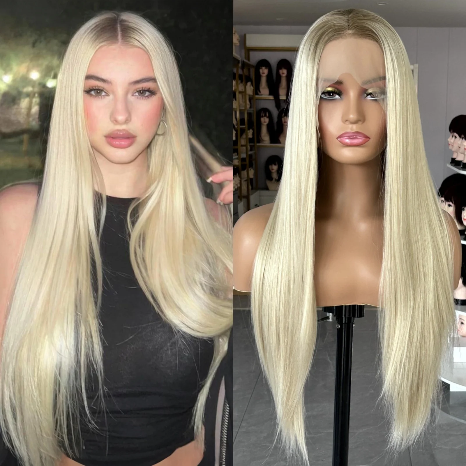 Long Blonde Ombre Straight Wig for Women Synthetic Hair Middle Part Ash Blonde Colored Heat Resistant Fiber Wigs for Daily Party