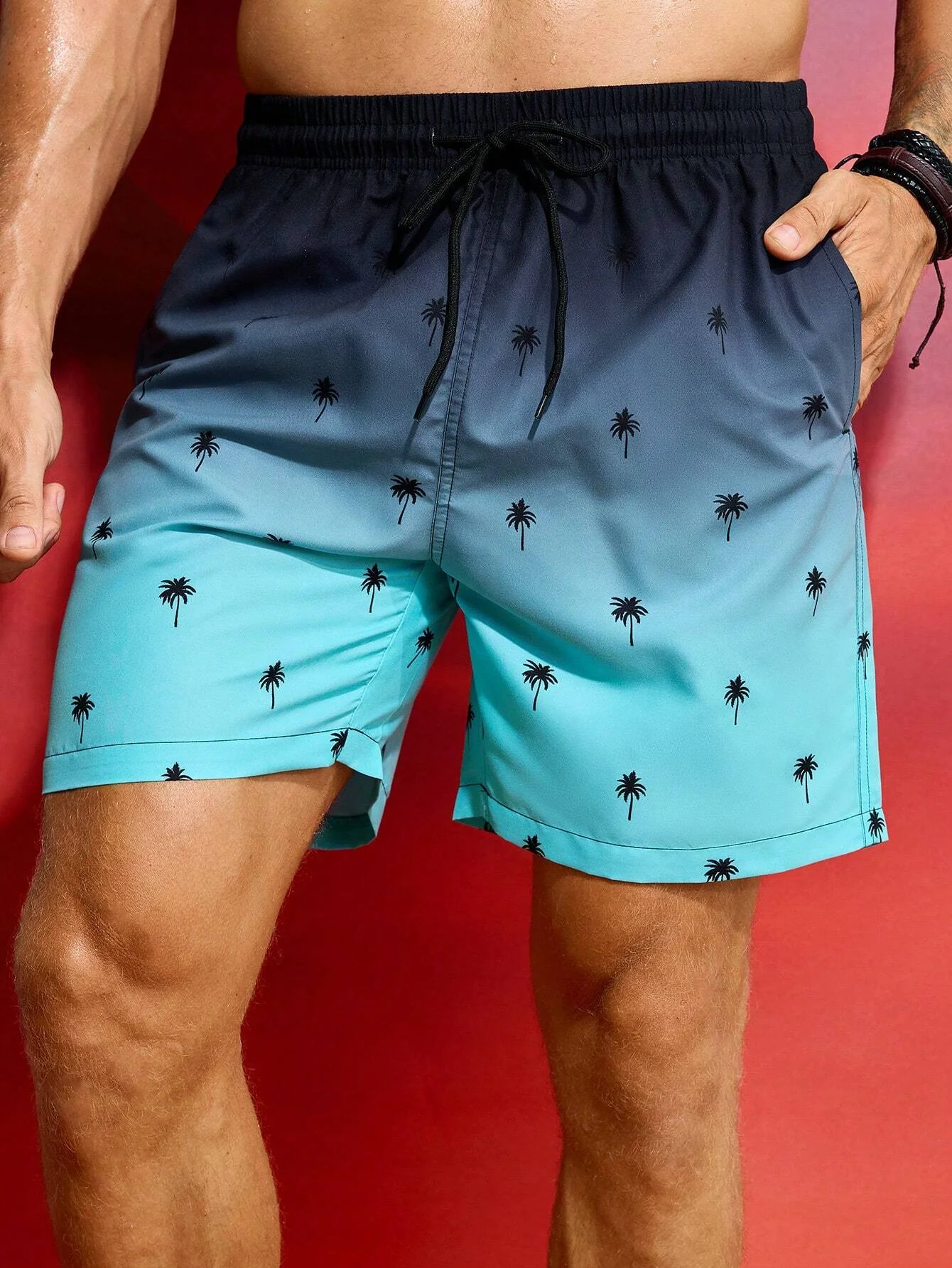 Summer Men's Beach Short Coconut Tree Drawstring Men's swim Trunks Elastic Waist 3D Print Gradient Breathable Short Streetwear 5