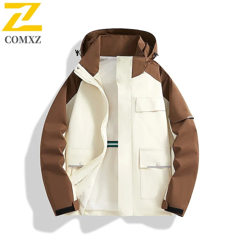 COMXZ Hooded Men Jacket Outdoor Climbing Wind Resistant Motorcycle Coat Urban Street Wear Resistant Lightweight Autumn Apparel