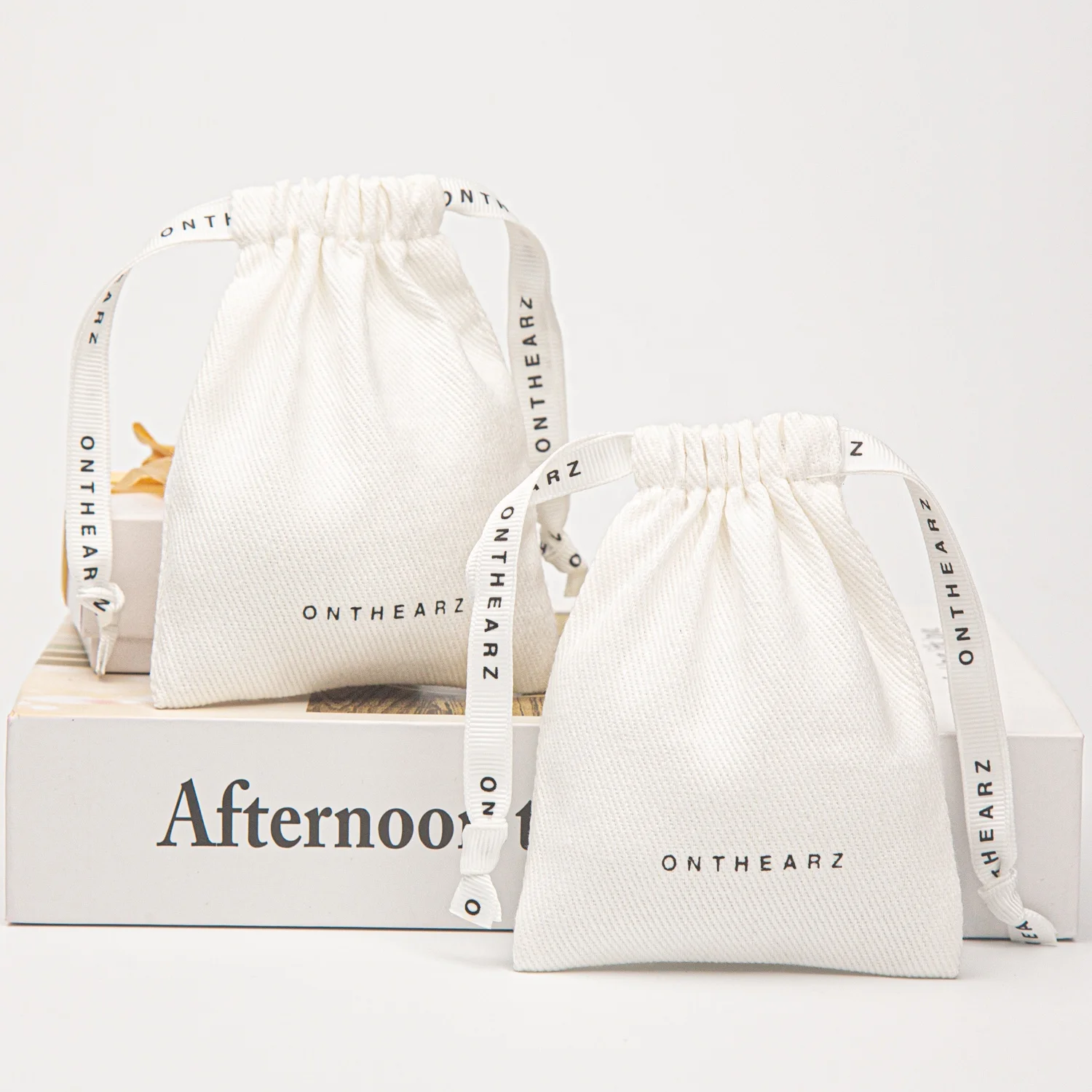 부드러운 면 능직 보석 귀걸이 포장 5x7cm(2x2.75) 7x9cm 11x14cm 졸라매는 끈 주머니 재활용 맞춤 로고 인쇄