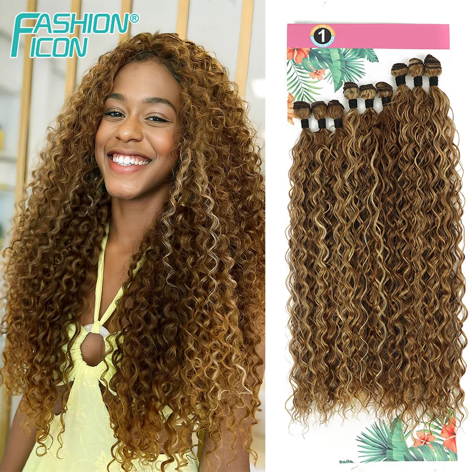 

Synthetic Curly Hair Bundles 9Pcs 320g Hair Exetension Kinky Curly Fake Hair Organic Fiber Long Weave Hair Ombre Brown Hair