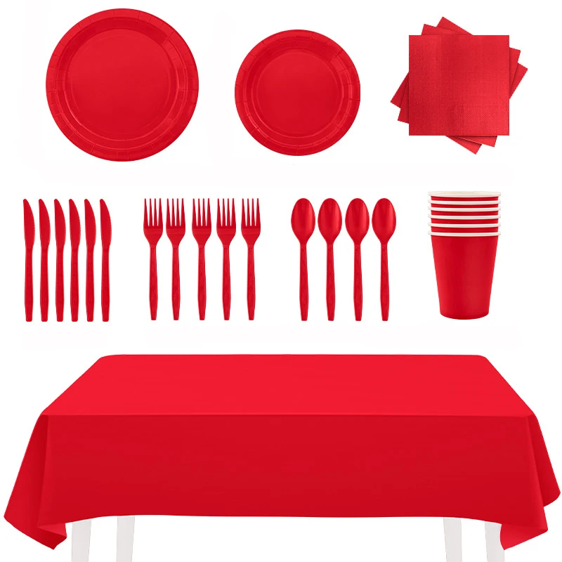 Solid Red  Birthday Party Decorations For Girls Disposable Tableware Paper Material Cups Napkins Plates Fork Spoon Tablecloth