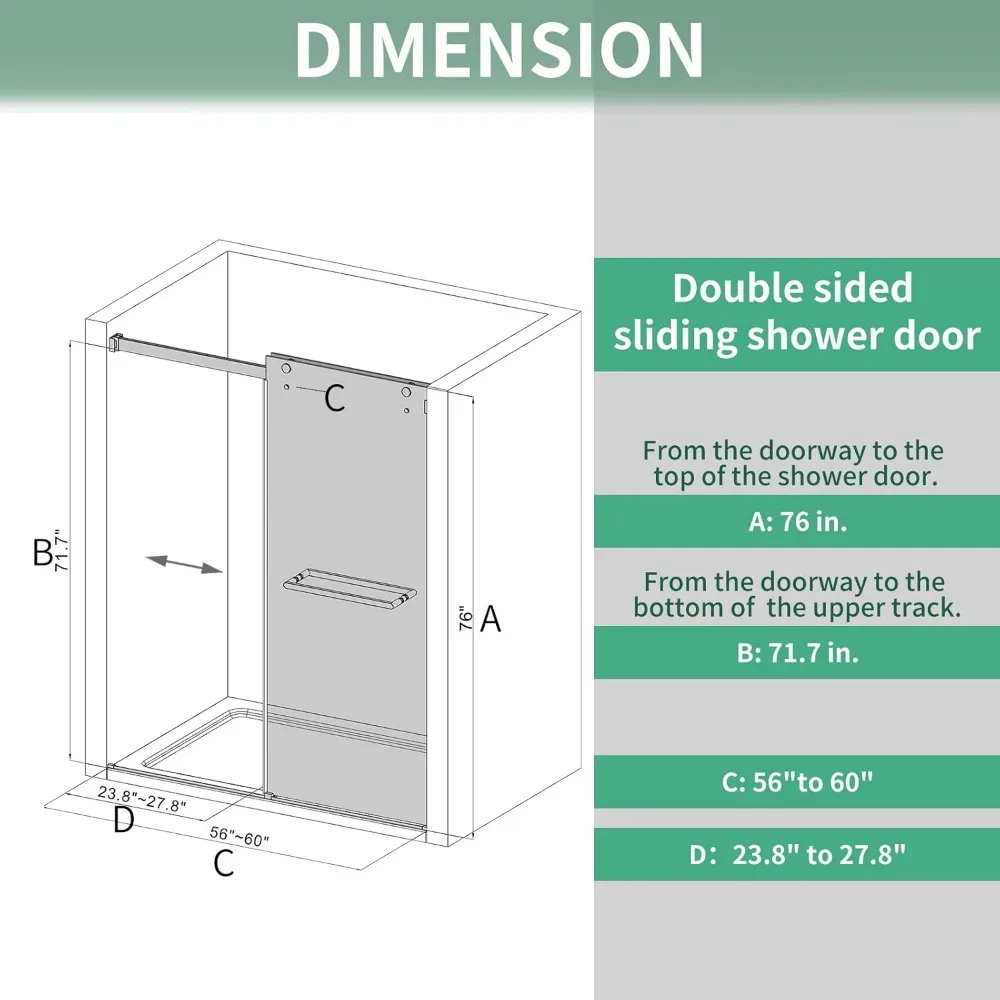 Double Sliding Shower Door 56-60 in.W x 76 in.H, 5/16" (8mm) Tempered Glass, Frameless Shower Door, Bathroom Glass Shower Door 3