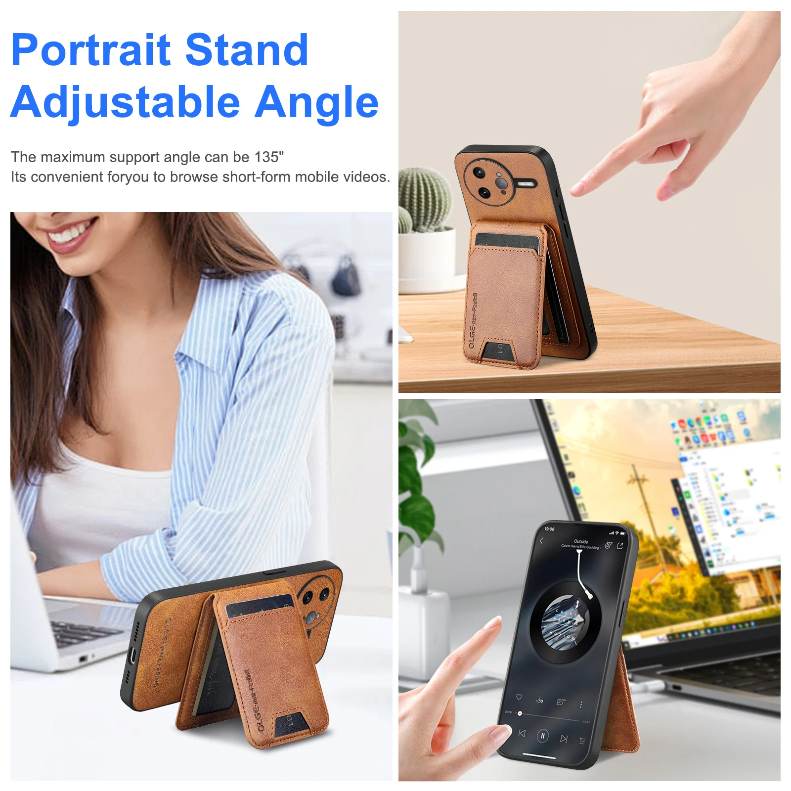 Magnetic Leather Wallet Card Holder Case with Mag-Safe Stand and Full Camera Protection