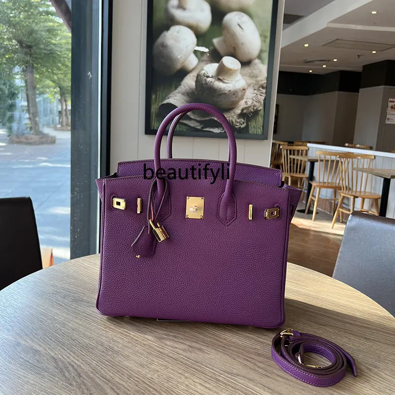 

yj Purple Leather Handbag Large Capacity First Layer Cowhide Women Bag Shoulder Messenger Bag