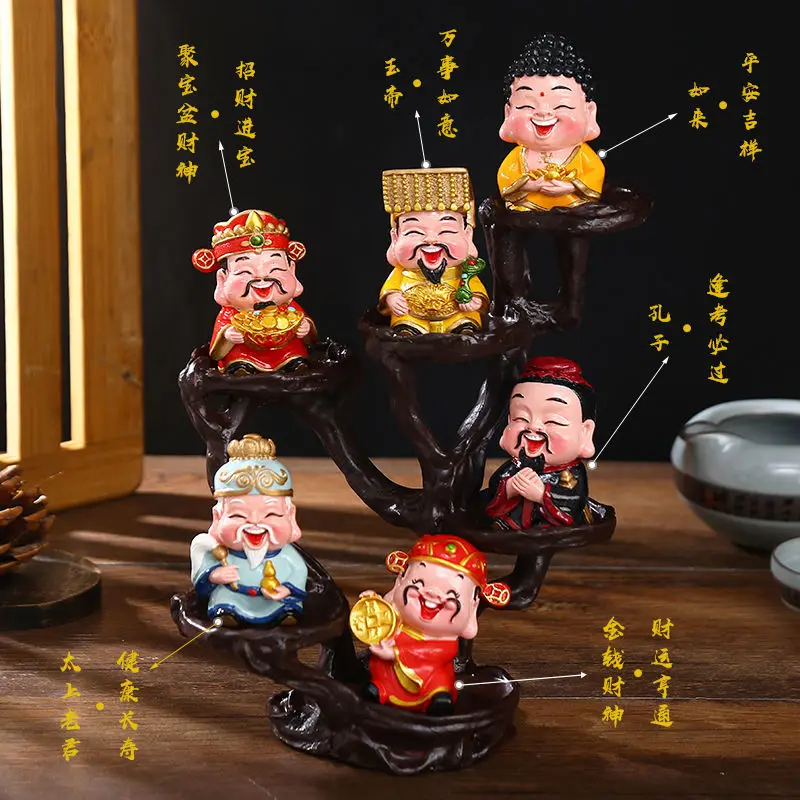 

6 Pieces Resin God of Wealth Mascot Ornaments Home/Room/Car Decoration Feng Shui Fortune God Statue Office Accessories Crafts