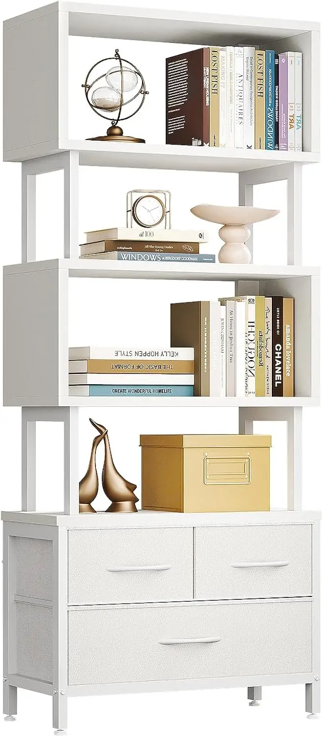 7 Tier Bookshelf, Tall Geometric Bookcase with Fabric Drawers, Modern Display Book Shelves Book Case for Living Room Bedroom