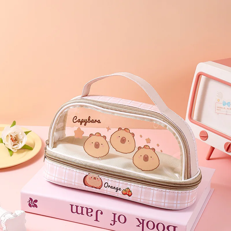 Double-Layer Transparent Pen Case Large Capacity Kapibala Pencil Bag for School Stationary Organizer Students Kids