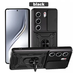 Rugged Armor Metal Ring Stand Shockproof Case with Slide Lens Cover for Tecno Camon 40 4G (Black)