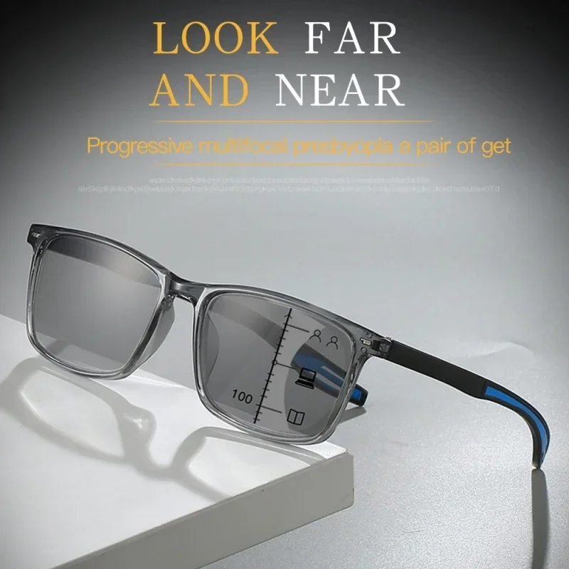 Progressive Photochromic Multifocal Reading Glasses 3 in 1 Outdoor Bifocal Sunglasses TR90 Sports Anti Blue Near Far Eyeglasses 2