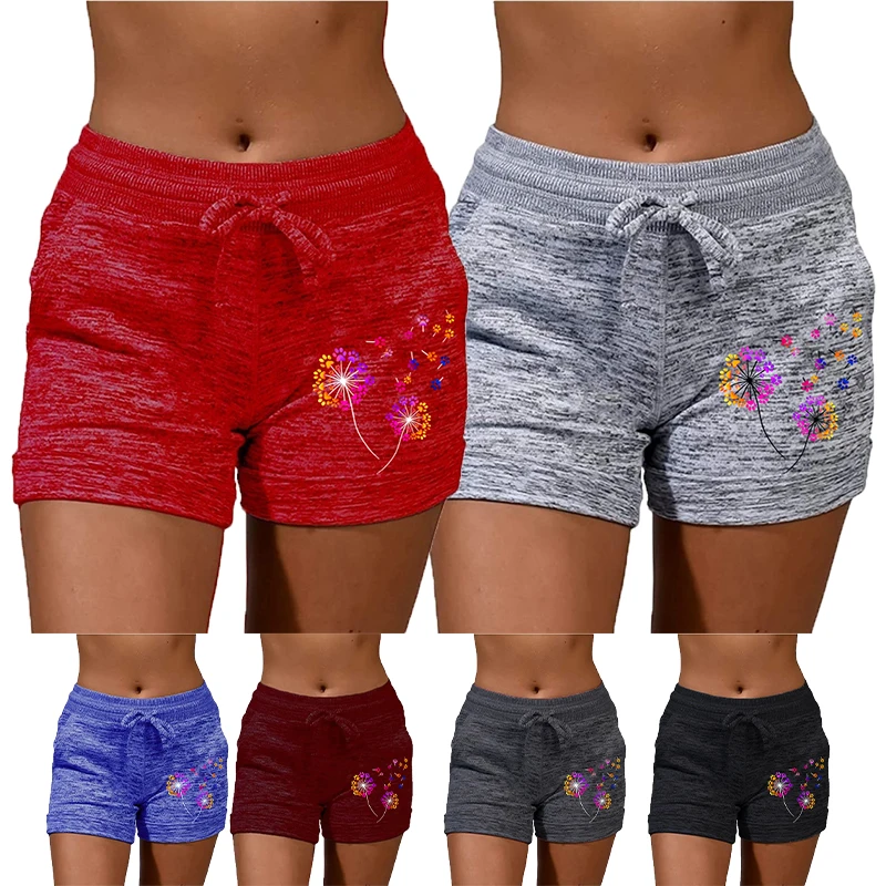 Fashionable dandelion printed women's bottom quick drying shorts yoga shorts casual sports high waisted drawstring shorts summer women s bottom quick drying shorts yoga shorts casual sports high waisted drawstring elastic shorts fitness shorts