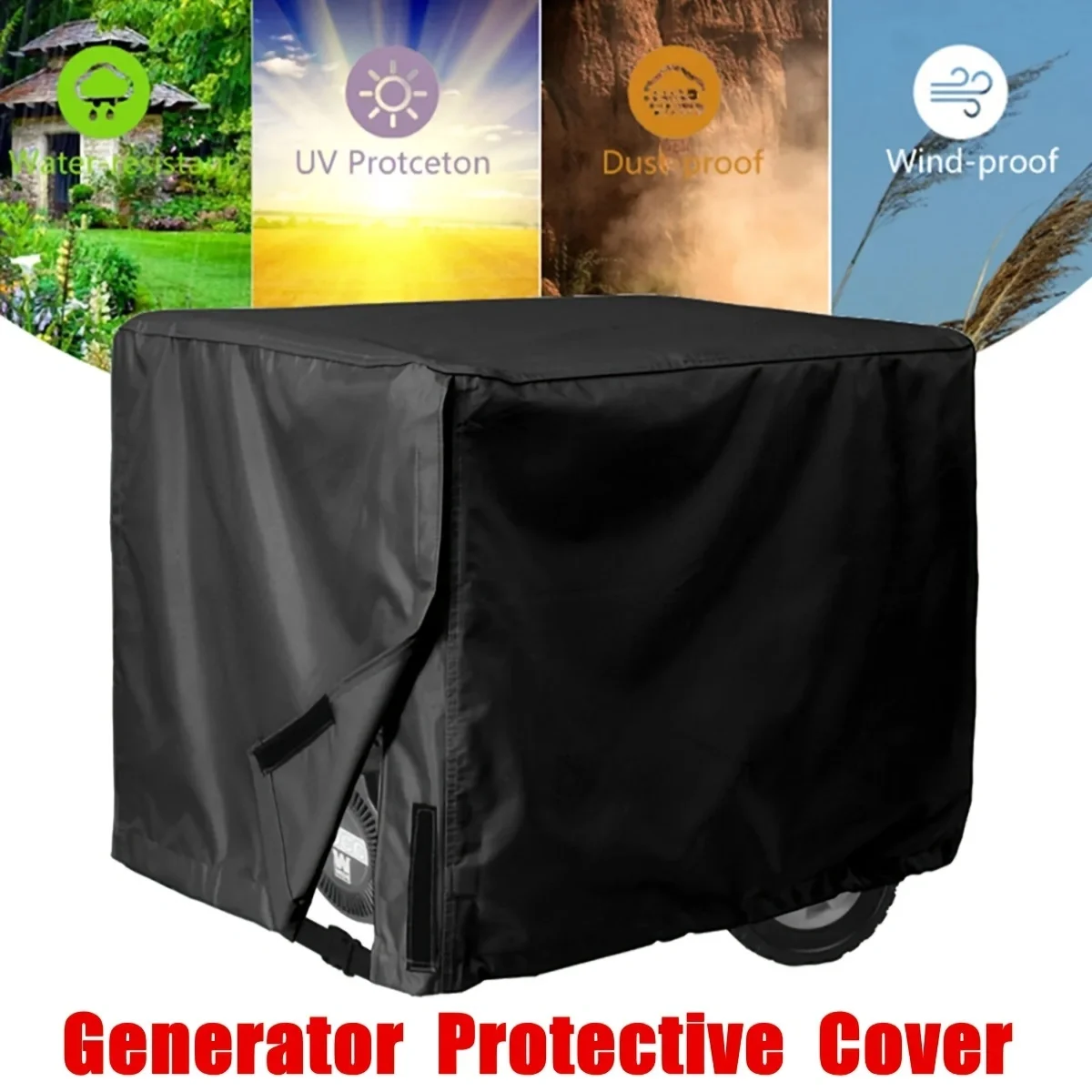 1pc Waterproof Universal Generator Cover For Most Generators 5500-15000 Watt, Black, 96.52x71.12x76.2cm 3