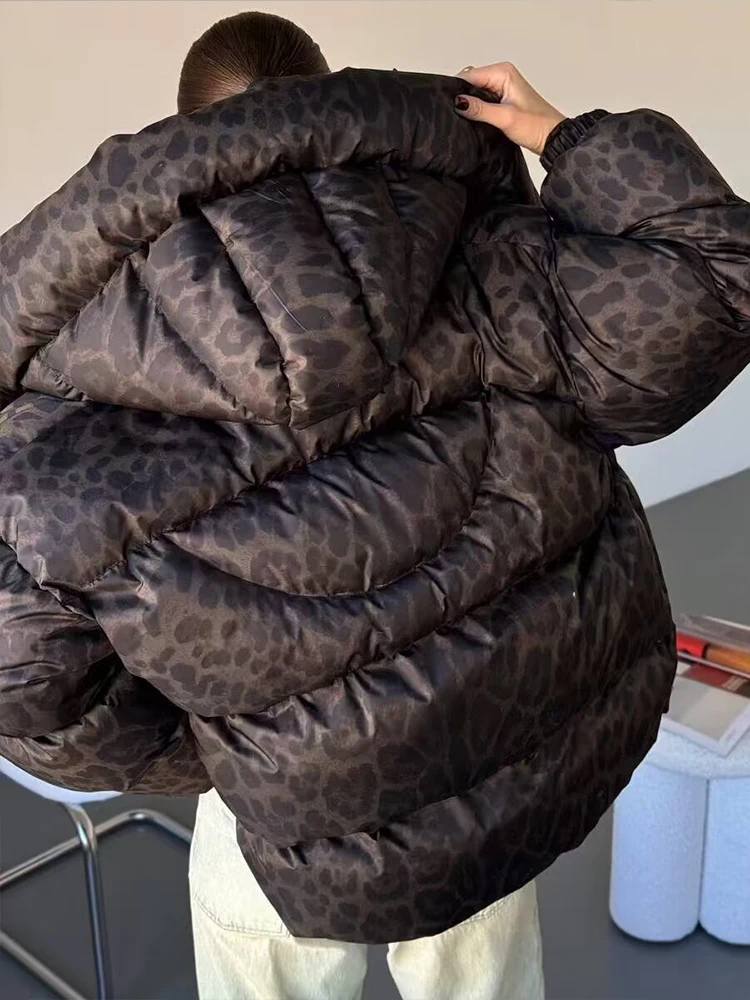 Women's Winter Jacket Hooded Leopard Print Short Parkas Coats For Women Street Thick Warm Casual Stand Collar Zipper Down Coat ﻿