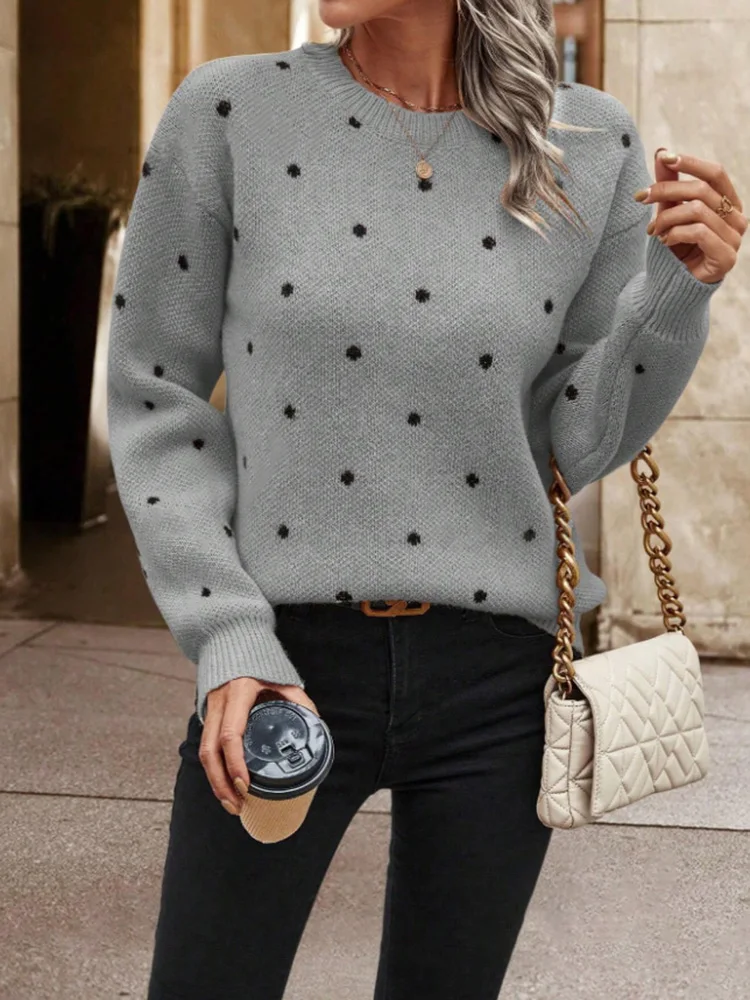 2025 Women Dots Pullover Sweaters Casual O-Neck Long Sleeve Knitting Loose Jumpers Female Warm Sweater Coat