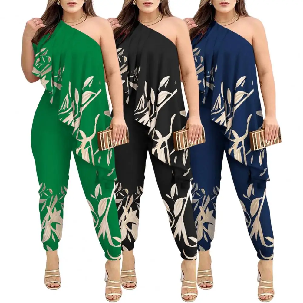 Women Jumpsuit Elegant Leaf Print One Shoulder Jumpsuit for Women Slim Fit Backless Prom Ball Lady Long Jumpsuit Women Printed