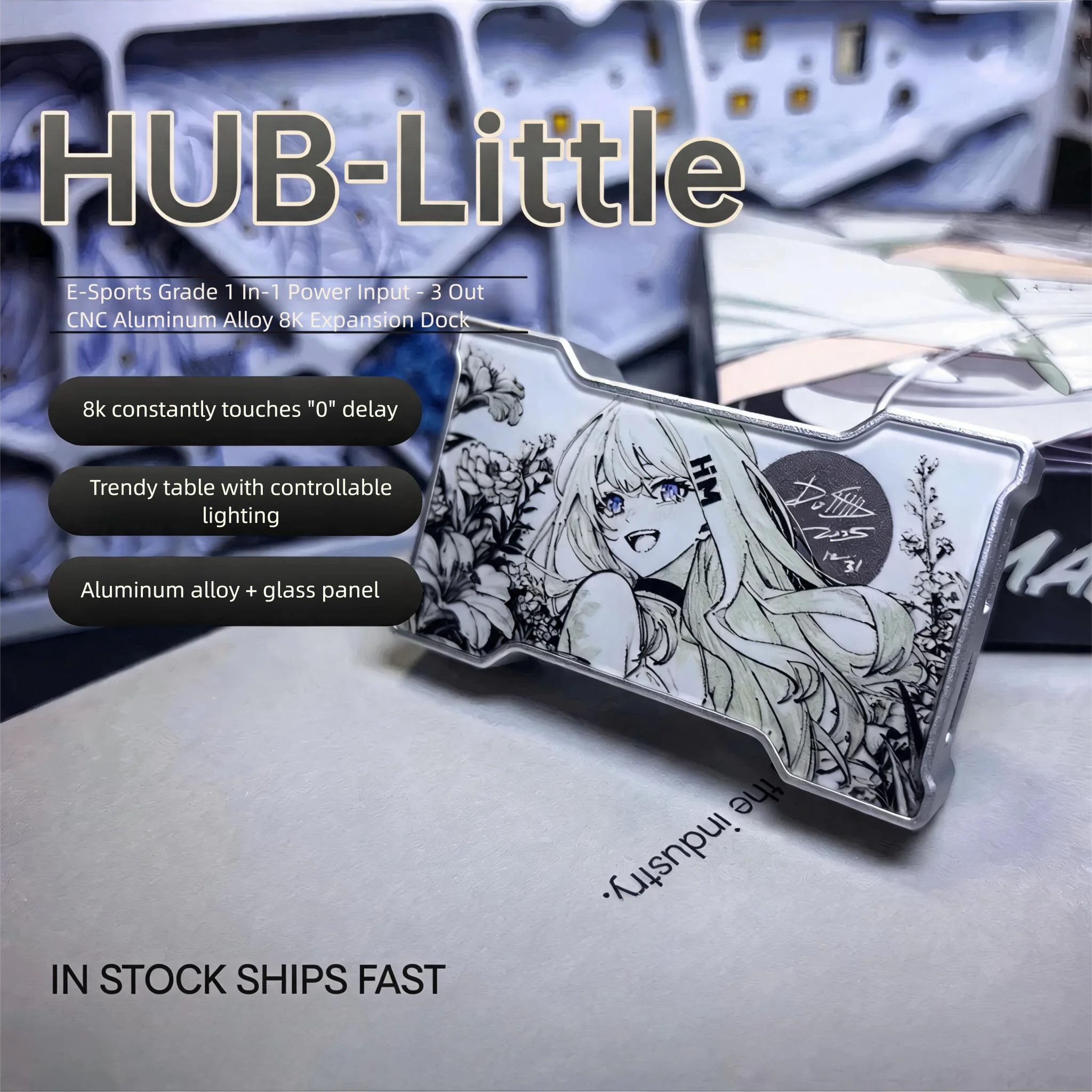 HMLAB Hub-little Gaming USB HUB 1 In 3 Out Portable Desktop Expansion Dock with Aluminum Frame & Double Glass Shell, HMHUB