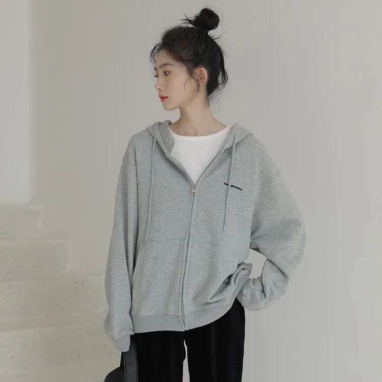 New Arrival Korean Fashoin Girls Hoodies Long Sleeves Zipper Up Hooded Loose Women Hoodie