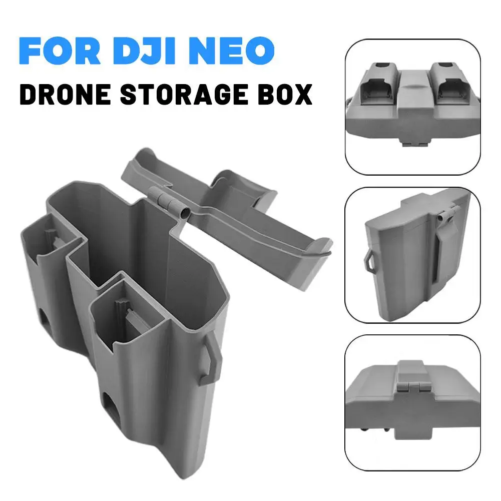 Étui rigide gris pour DJI Neo posé sur une table, poignée de transport visible.