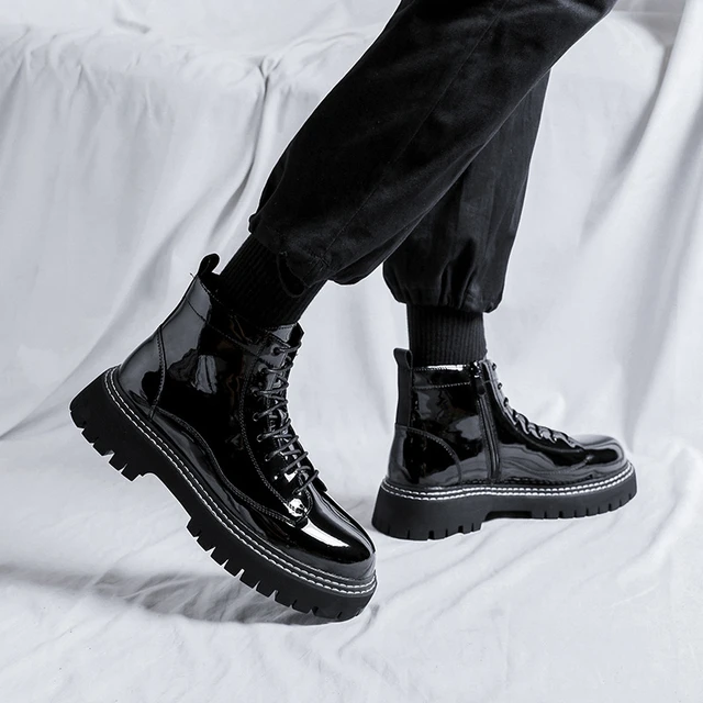 Botas de charol de lujo para hombre, zapatos de plataforma con estilo negro,  botines de vaquero