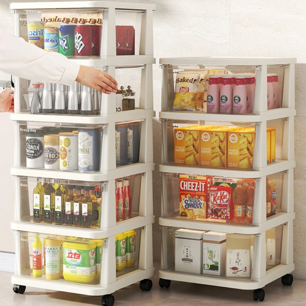 Drawer Type Snack Rack Multi-Layer Plastic Handcart with Pulleys Movable Living Room Storage Cabinet Transparent Rolling Trolley