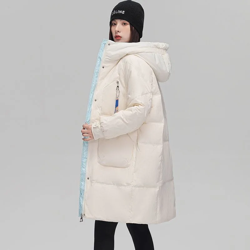 2023 New Women Down Jacket Winter Coat Female Mid Length Version Parkas Slim Fit Thick Warm Outwear Hooded Versatile Overcoat