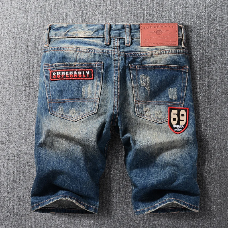 Summer Fashion Men Jeans Retro Blue Regular Fit Patches Designer Ripped Short Jeans Homme Street Style Hip Hop Denim Shorts Men
