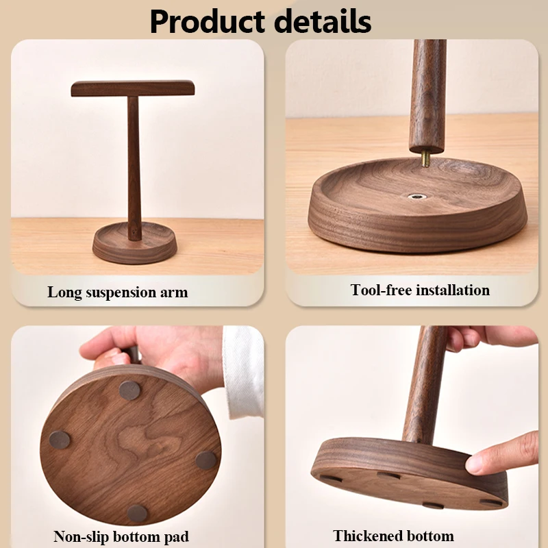 Solid Wood Dual Headphones Holder Black Walnut/Acacia Wood head-Mounted Headset Stand Hanger Desktop Bracket with Storage Base