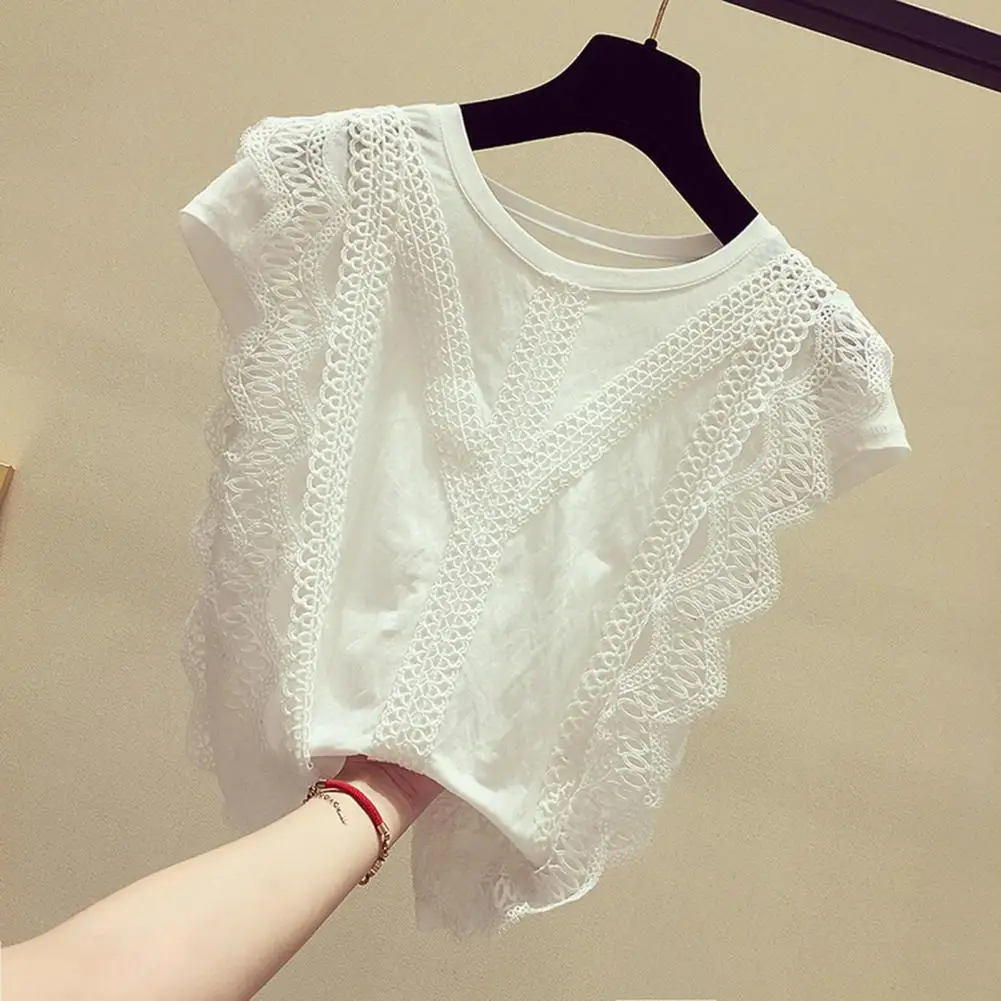

Women Lace Tee Shirt Short Sleeves Loose Pullover O Neck Breathable Solid Color Summer Shirt Blouses Fashion Female Clothing