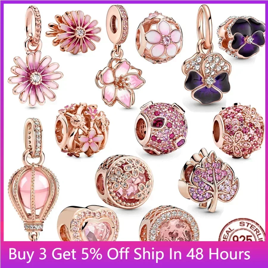 Sparkling Pink Daisy Flower & Cherry Blossom Dangle Charms Beads Pandora Bracelet Women Jewelry 925 Sterling Silver Fit Original
