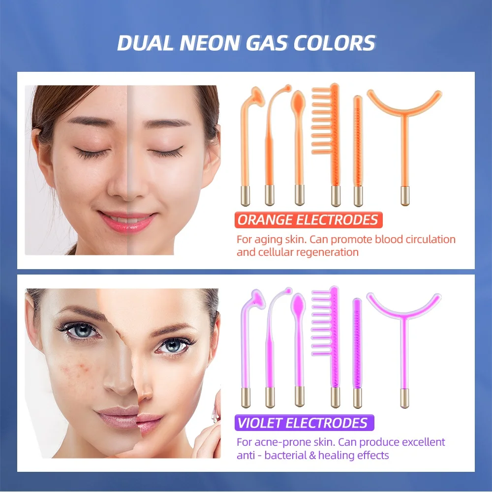 6 IN 1 High Frequency Facial Machine Purple/Orange Light Electrode Wand Hair Regrowth Treatment Comb Ance Remover Anti-Wrinkle