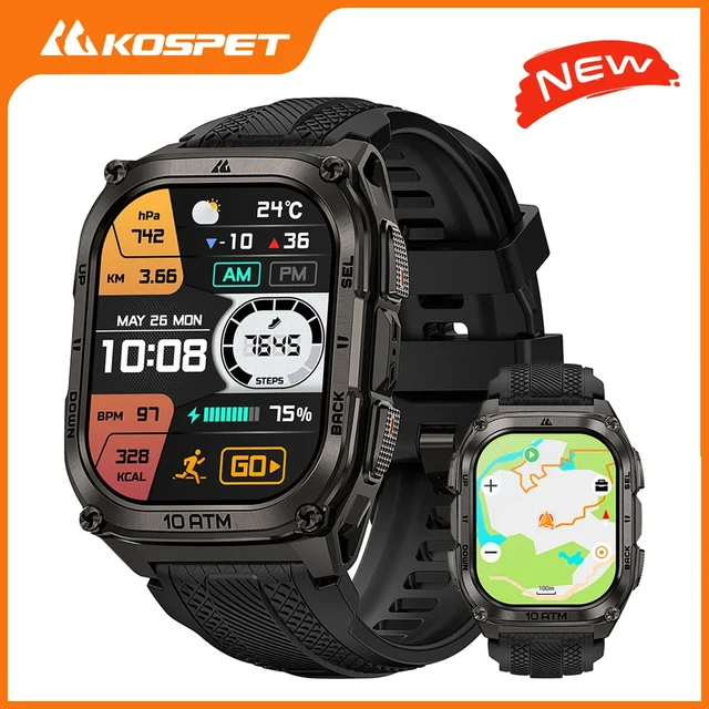 KOSPET Tank M4 Smart Watch for Men Stainless Steel 6-Sat GPS Offline Maps 45m Freediving 24/7 Health Monitor for Android iOS