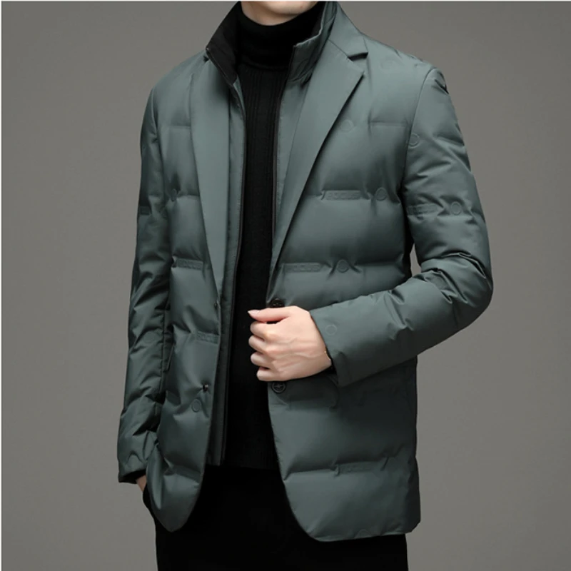 Winter Down Jacket Men Thick Warm Suit Collar Puffer Down Jacket Luxury Brand Business Casual Suit Long Sleeve Solid Coat