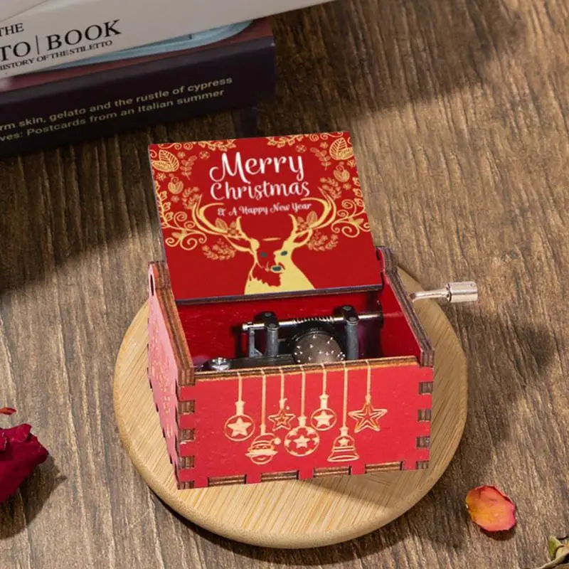 New Wooden Hand Crank Music Box Classical Carved Merry Christmas Theme Music Box Halloween Christmas New Year Birthday Gifts
