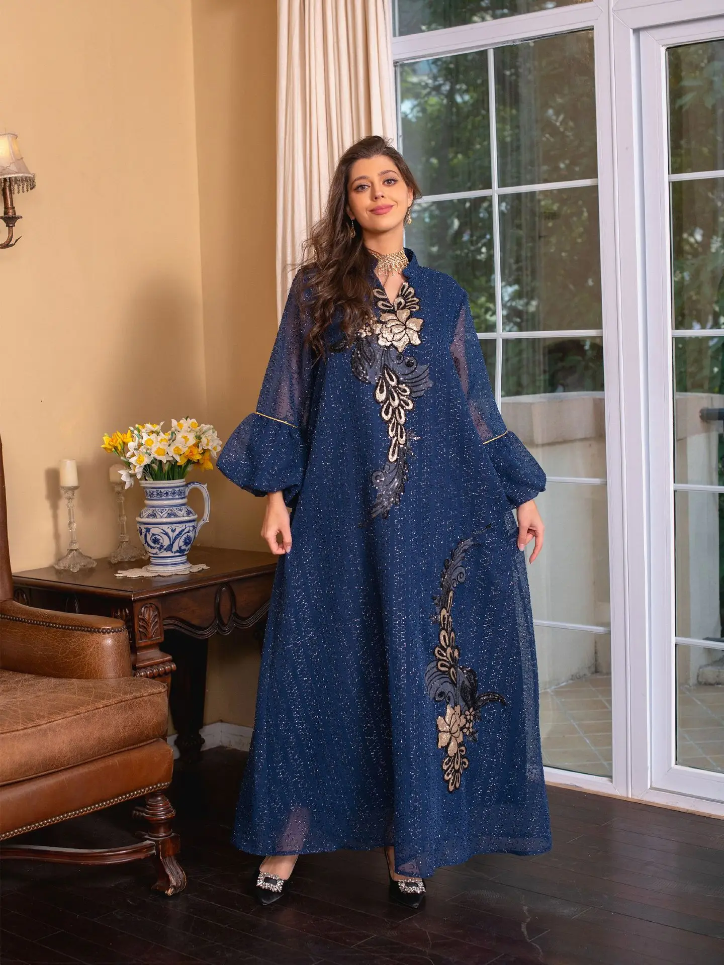Eid Loose Abaya Dress Jalabiya Ramadan Embroidery Mesh Abayas for Women Saudi Muslim Party Dresses Kaftan Robe Dubai Arab Turkey